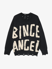 Distressed Letter Graphic Knit Sweater