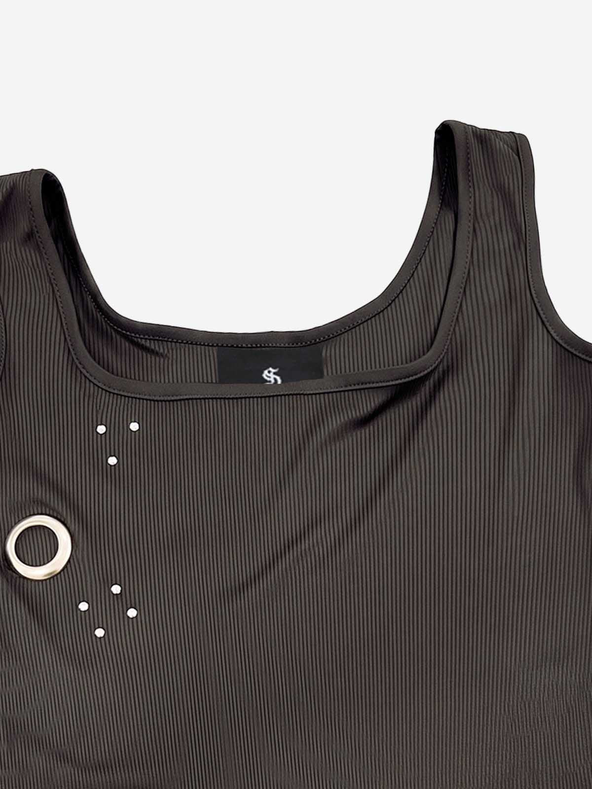 Letter Embroidered Rhinestone Eyelet Ribbed Tank Top