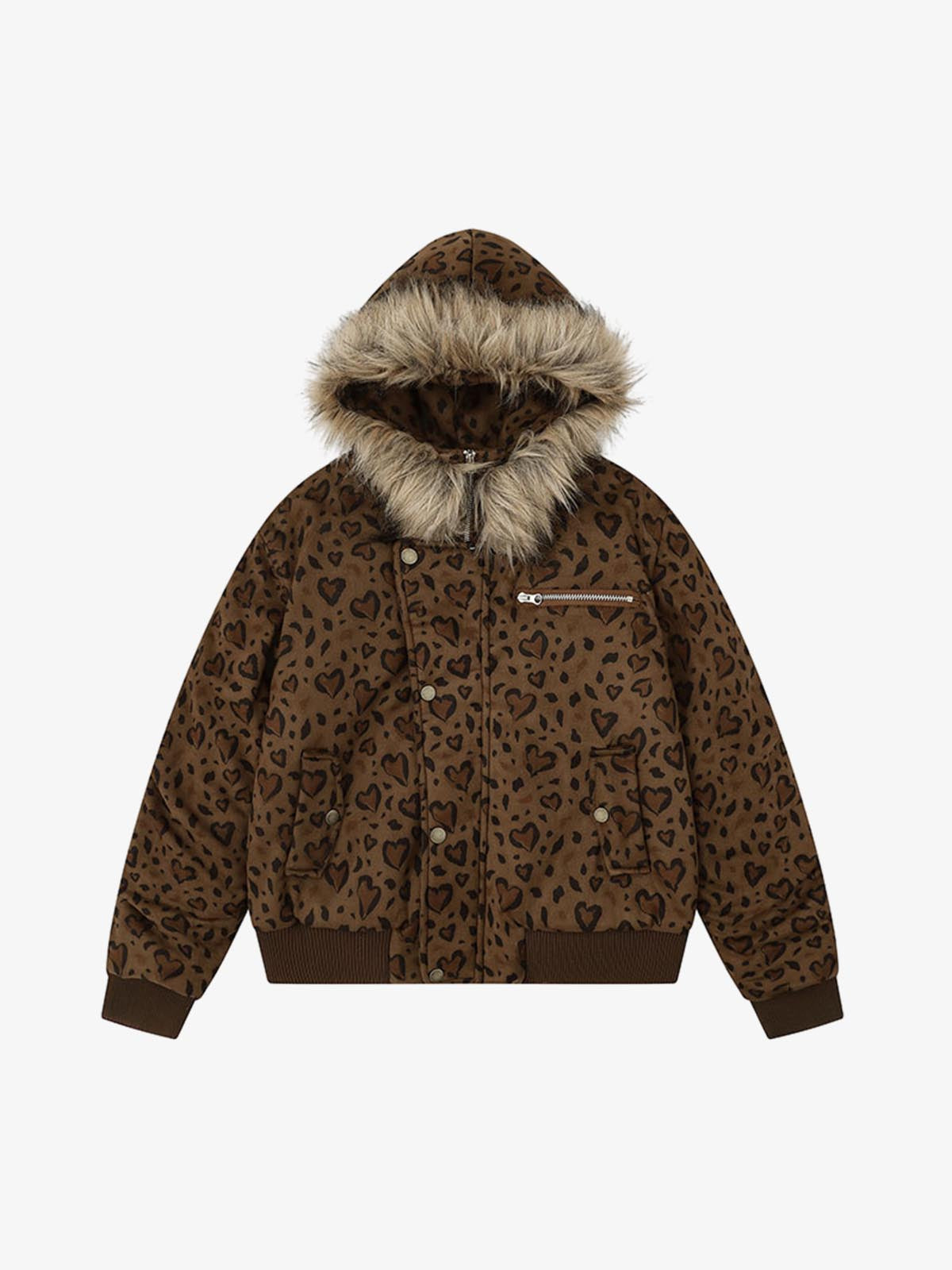 Detachable Fur Collar Heart Leopard Print Bomber Jacket 