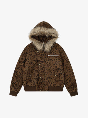 Detachable Fur Collar Heart Leopard Print Bomber Jacket 