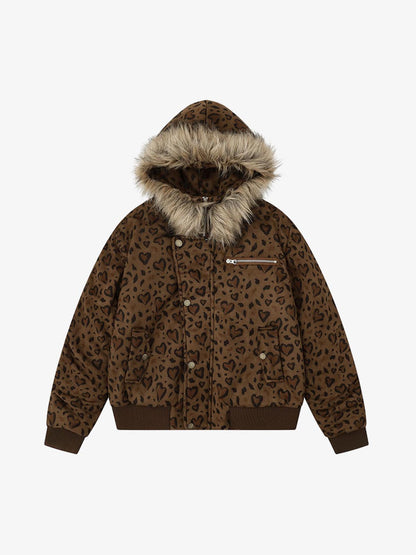 Detachable Fur Collar Heart Leopard Print Bomber Jacket 