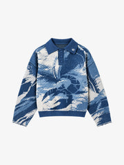 Distressed Camo Graphic Jacquard Knit Polo Sweater