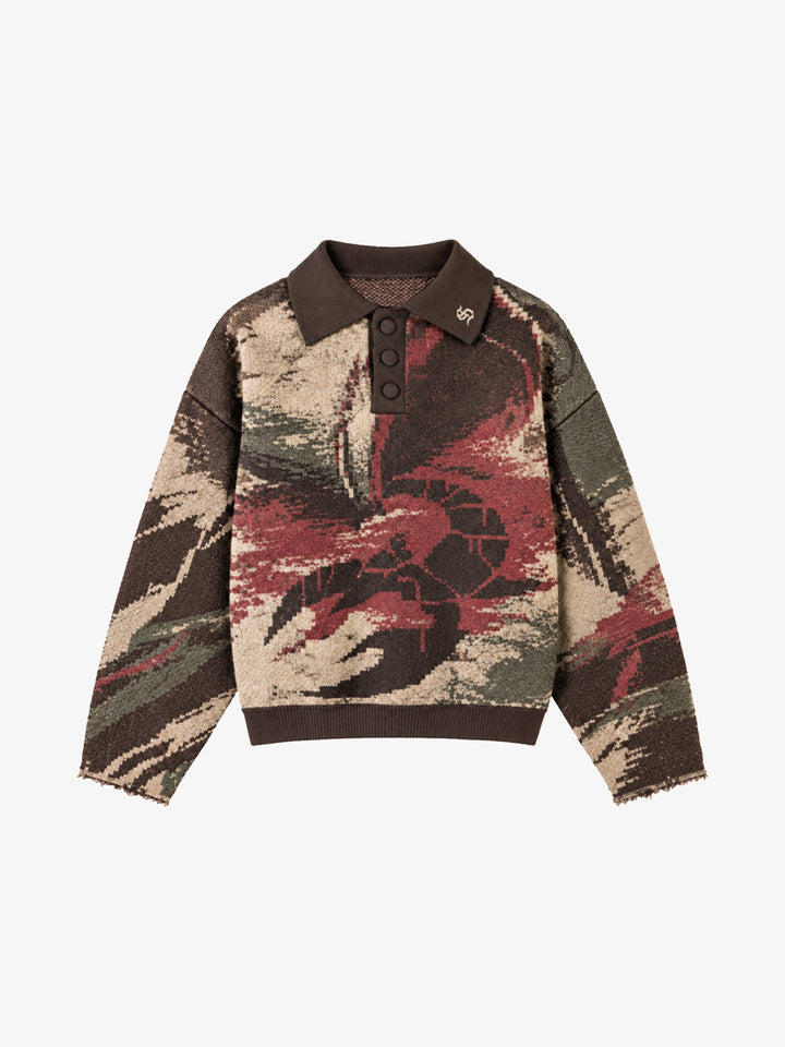 Distressed Camo Graphic Jacquard Knit Polo Sweater; Brown / S, Brown / M, Brown / L, Brown / XL, Brown / 2XL