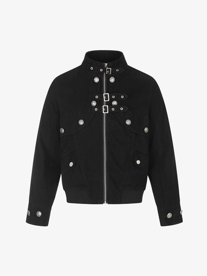 Metal Buckle Stand-Collar Cropped Utility Jacket