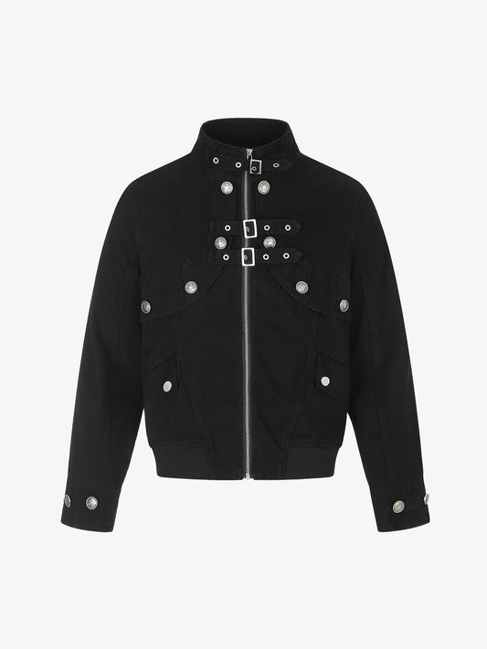 Metal Buckle Stand-Collar Cropped Utility Jacket