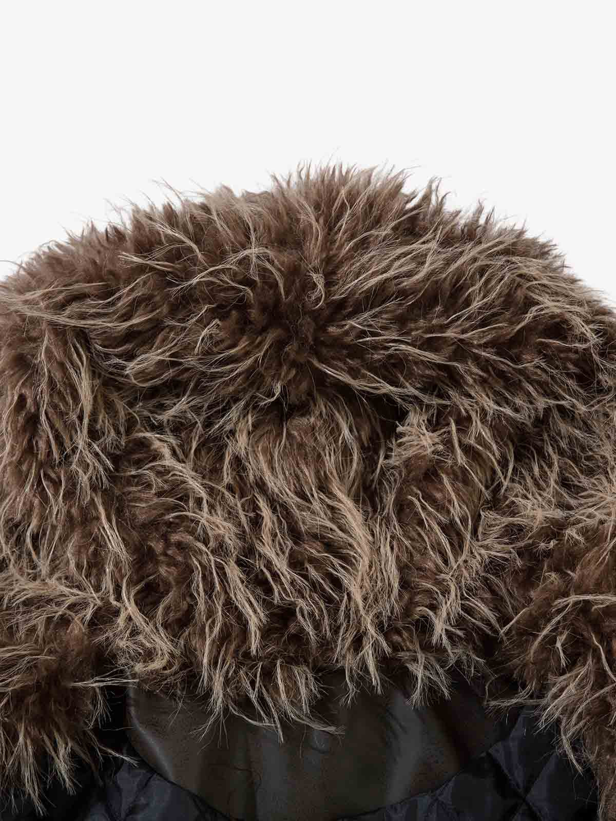 Vintage Faux Fur Hood Lined PU Zip Up Bomber Jacket 