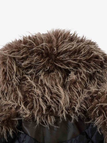 Vintage Faux Fur Hood Lined PU Zip Up Bomber Jacket 