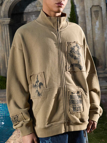 Cotton Blend Patchwork Bomber Jacket with Graphic Embroidery and Zipper Closure 