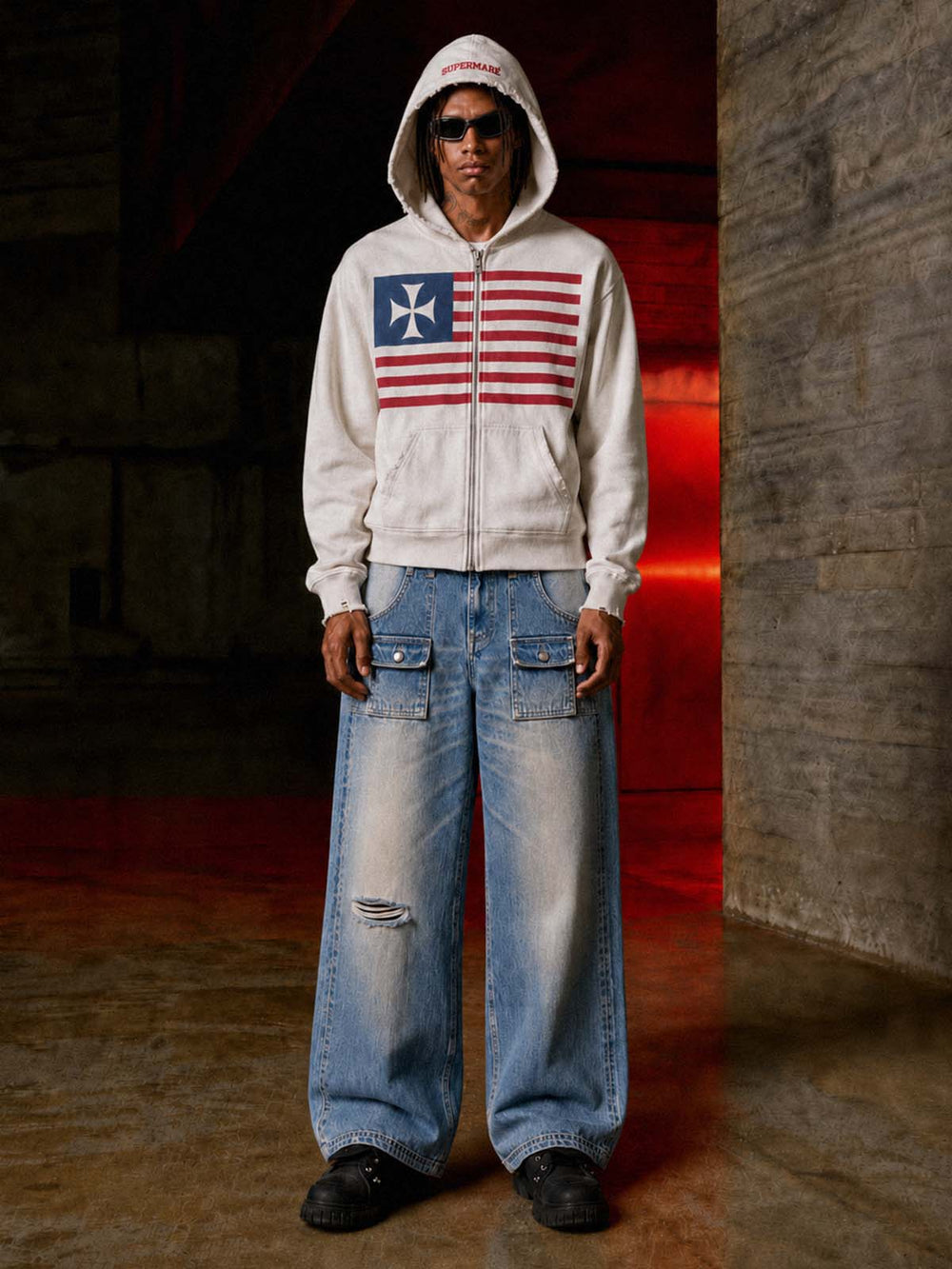 Cropped Flag Zip Hoodie