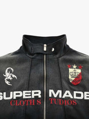 Retro Monkey Heavy-Duty Badge Print Gradient Distressed Streetwear Jacket