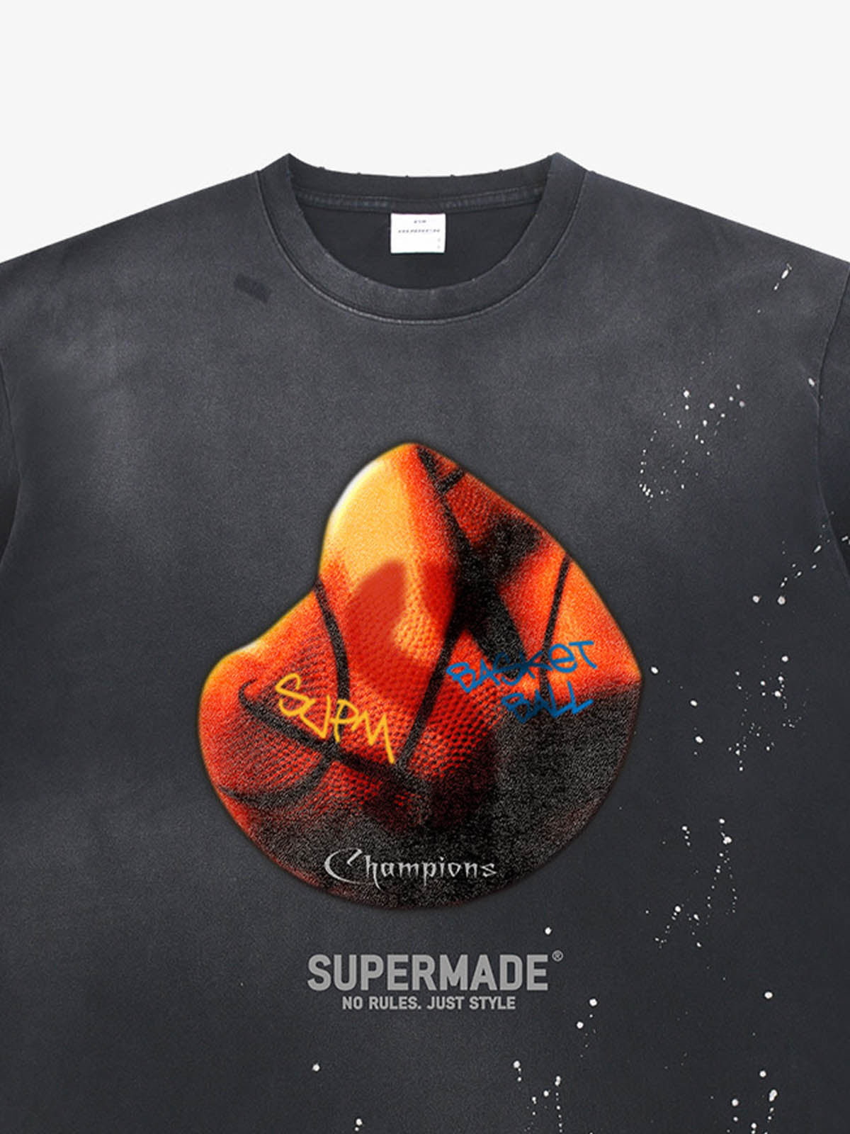 thesupermade-Cotton Basketball Print T-Shirt with Graffiti Design and Splatter Effect for Streetwear Fashion 