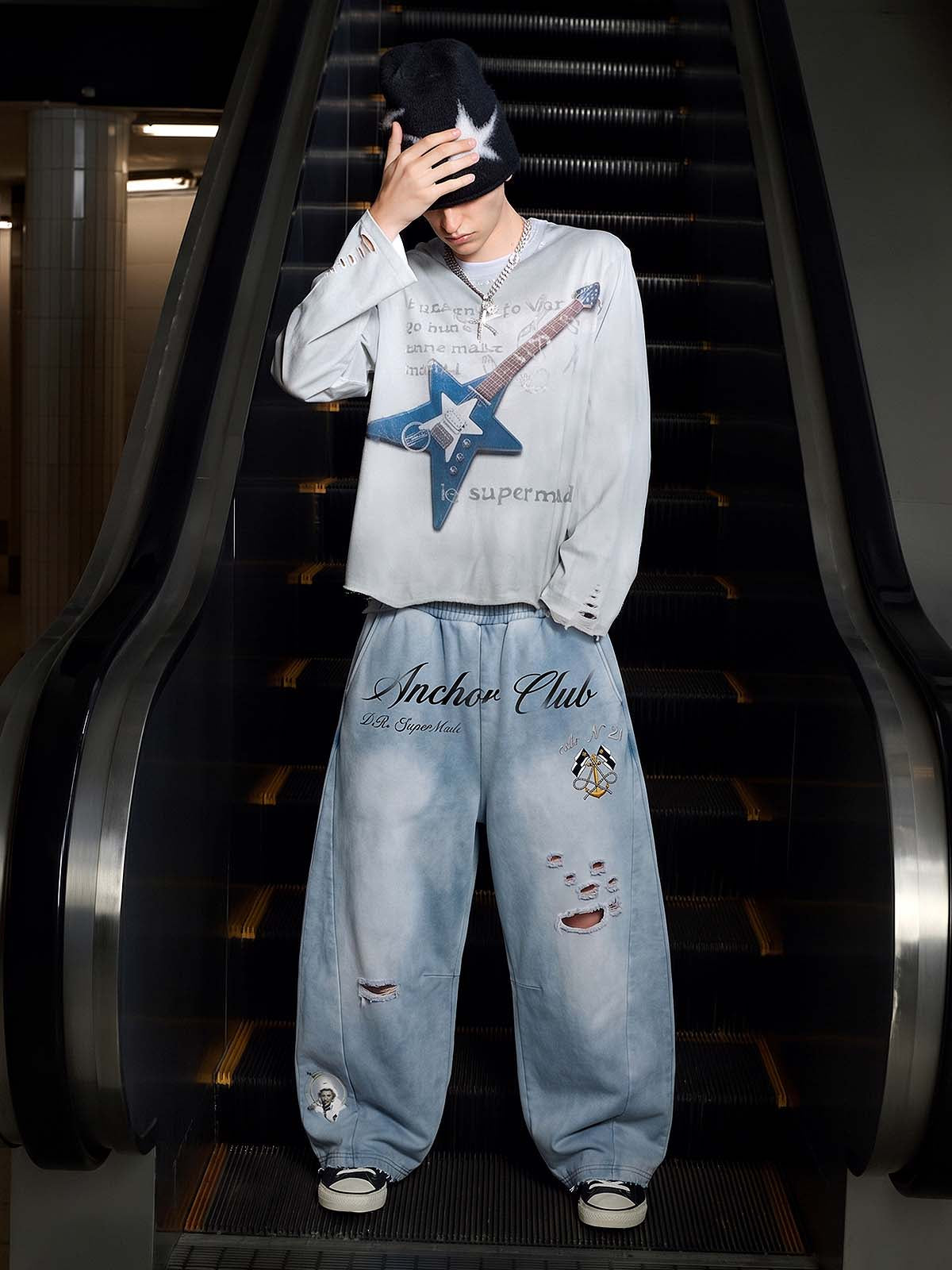 Pirate Skull Graphic Distressed Zip Hoodie & Wide-Leg Sweatpants Set