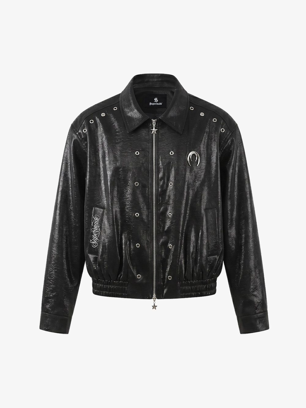 Studded Embroidered Double-Zip Cropped Biker Jacket