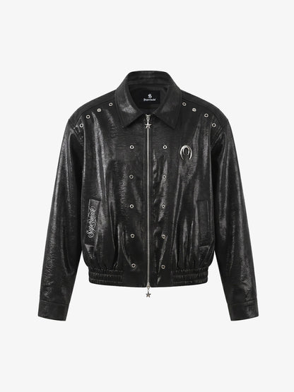 Studded Embroidered Double-Zip Cropped Biker Jacket