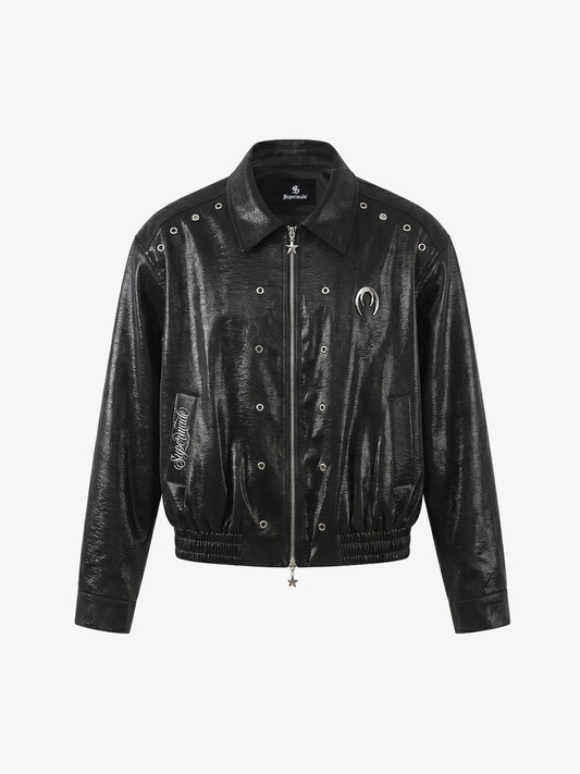 Studded Embroidered Double-Zip Cropped Biker Jacket