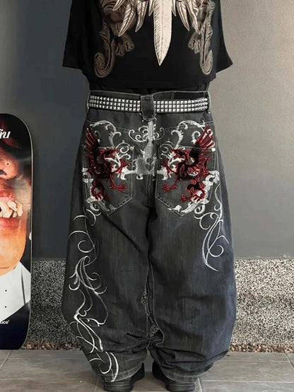 Denim Embroidered Dragon Pants with Rhinestone Belt - Gothic Streetwear Style 