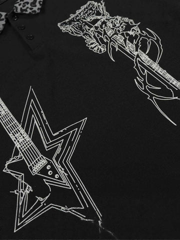 Rock Grunge Aesthetic Leopard Patchwork Polo Shirt 
