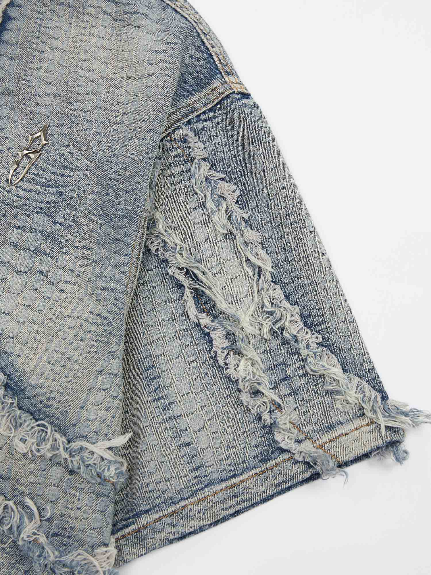 High Street Texture Washed Raw Edge Patch Embroidered Denim Jacket Shirt