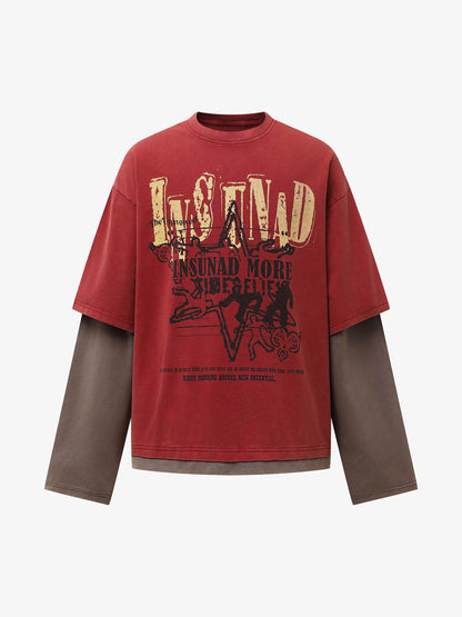 Street Color Matching Faux Two-piece Printed T-shirt 