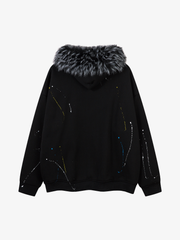 Fur-Trim Paint-Splatter Zip Hoodie