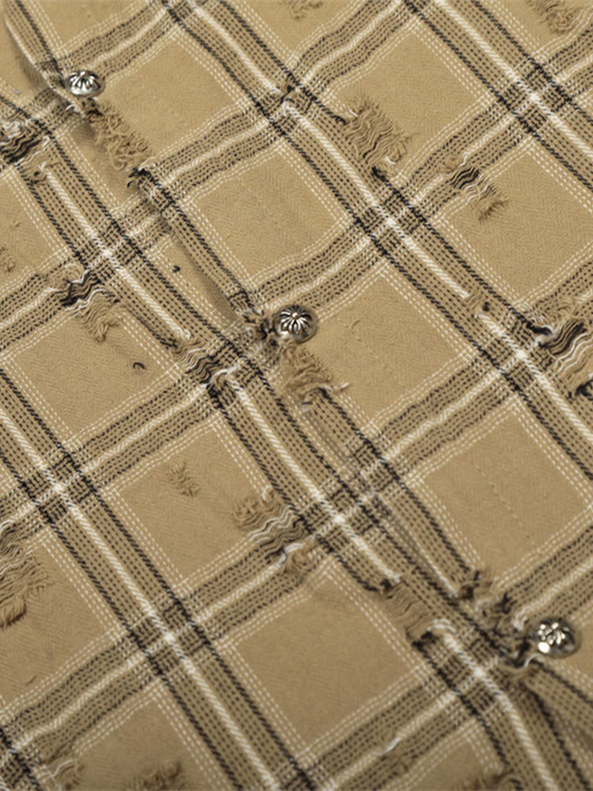 Ripped Plaid Cotton Long Sleeve Shirt for Men - Distressed Checkered Button-Up Casual overshirt 