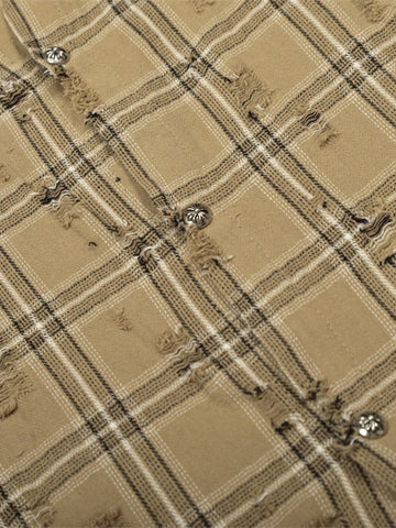 Ripped Plaid Cotton Long Sleeve Shirt for Men - Distressed Checkered Button-Up Casual overshirt 