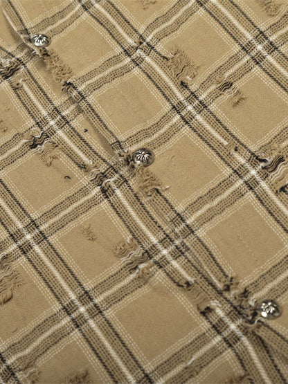 Ripped Plaid Cotton Long Sleeve Shirt for Men - Distressed Checkered Button-Up Casual overshirt 