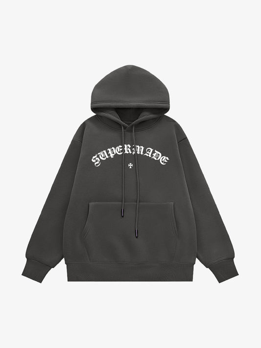 Thesupermade Street Letter Design Print Plush Hooded Sweatshirt 