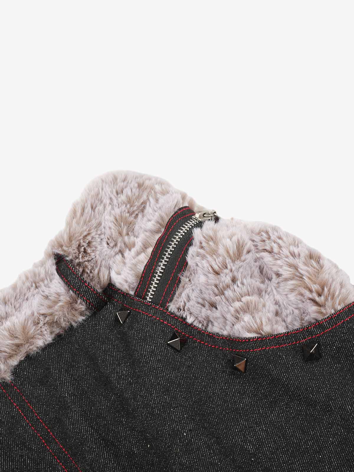 Studded Plush Patchwork Waist Thorn Print Jeans