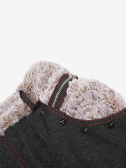 Studded Plush Patchwork Waist Thorn Print Jeans