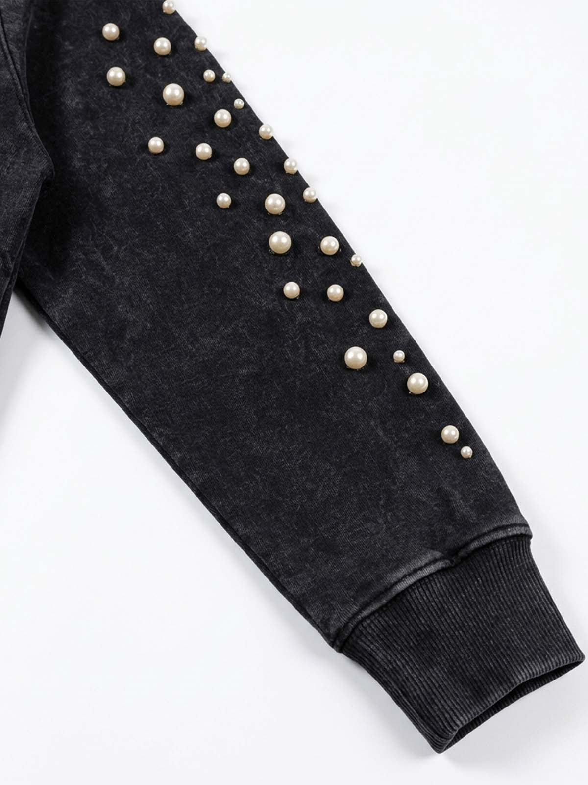 Pearl Studded Washed Distressed Cropped Hoodie