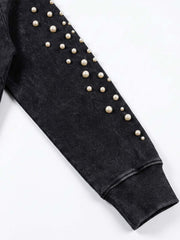 Pearl Studded Washed Distressed Cropped Hoodie