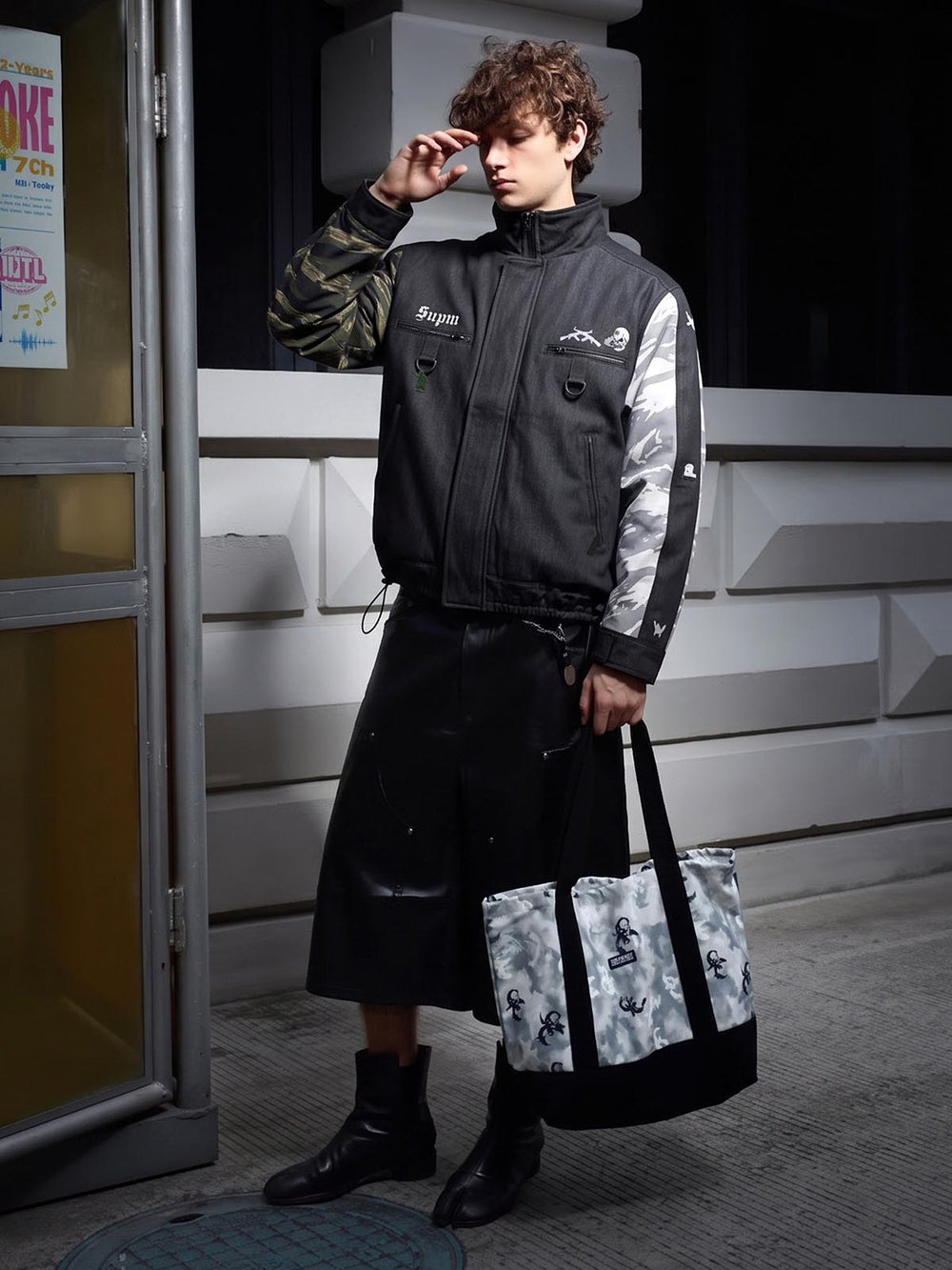 Dual Camo Paneled Raw-Denim Graphic Shell Jacket