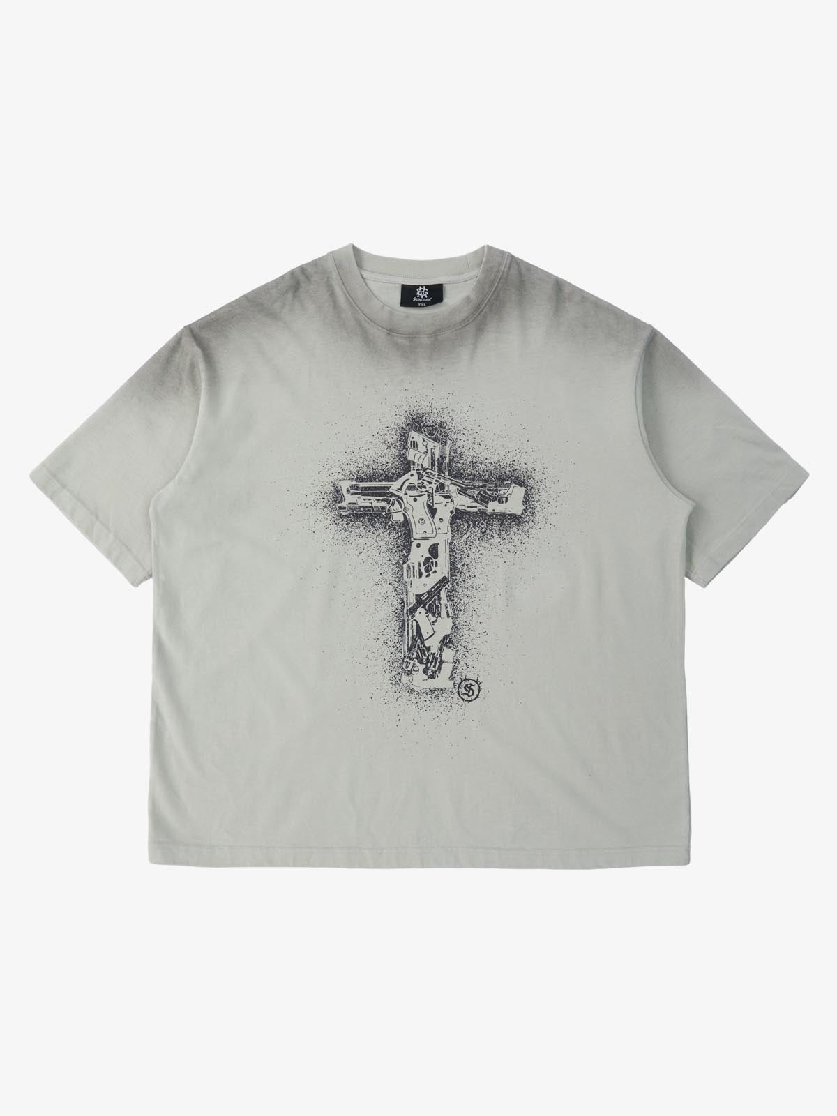 Supermade Distressed Rebellious Gun and Cross Print T-Shirt 
