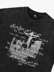 Washed Cross Overlay Text Graphic T-Shirt 