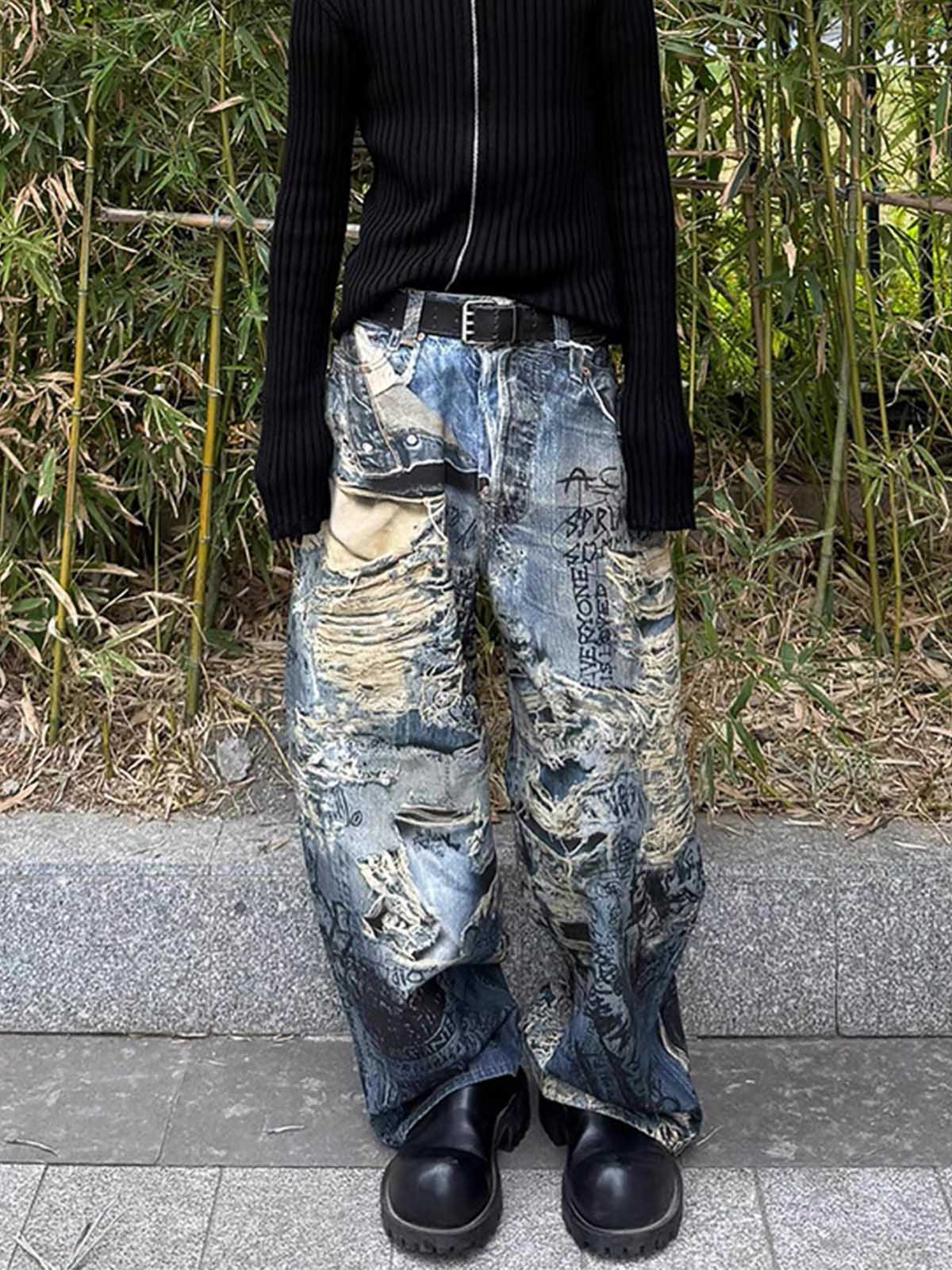 Ripped Holes Torn Optical Printed Jeans 