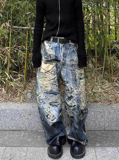 Ripped Holes Torn Optical Printed Jeans 