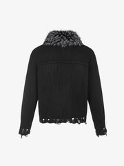 Faux-Fur Collar Distressed Knit Cardigan