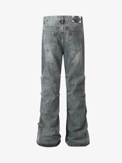 Distressed Pleated Flared Jeans