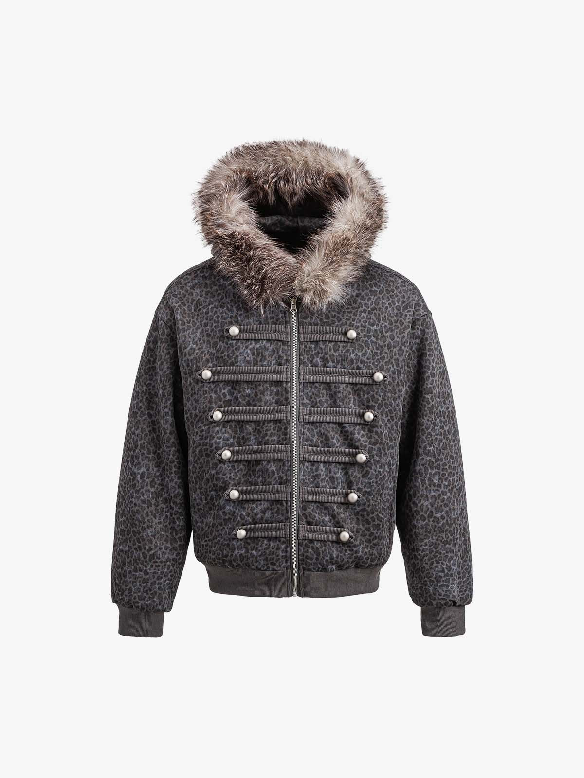 Leopard Napoleon Military Faux Fur Collar Coat