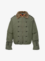 Leopard Faux-Fur Collar Button-Front Padded Coat