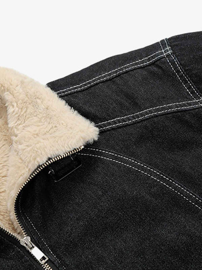 Stylish Denim Bomber Jacket with Faux Fur Collar - Perfect for Casual and Outdoor Wear 