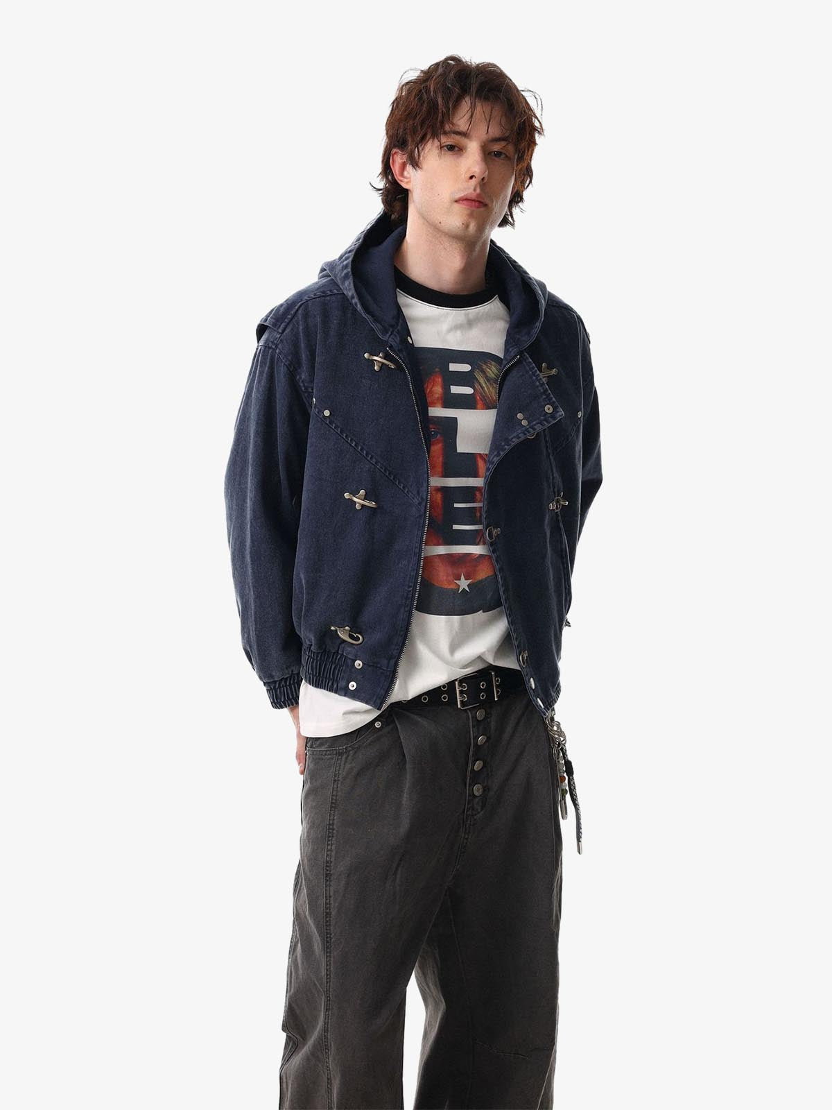 Washed Cotton Hooded Duffle Jacket with Metal Snap Buttons and Ribbed Hem 