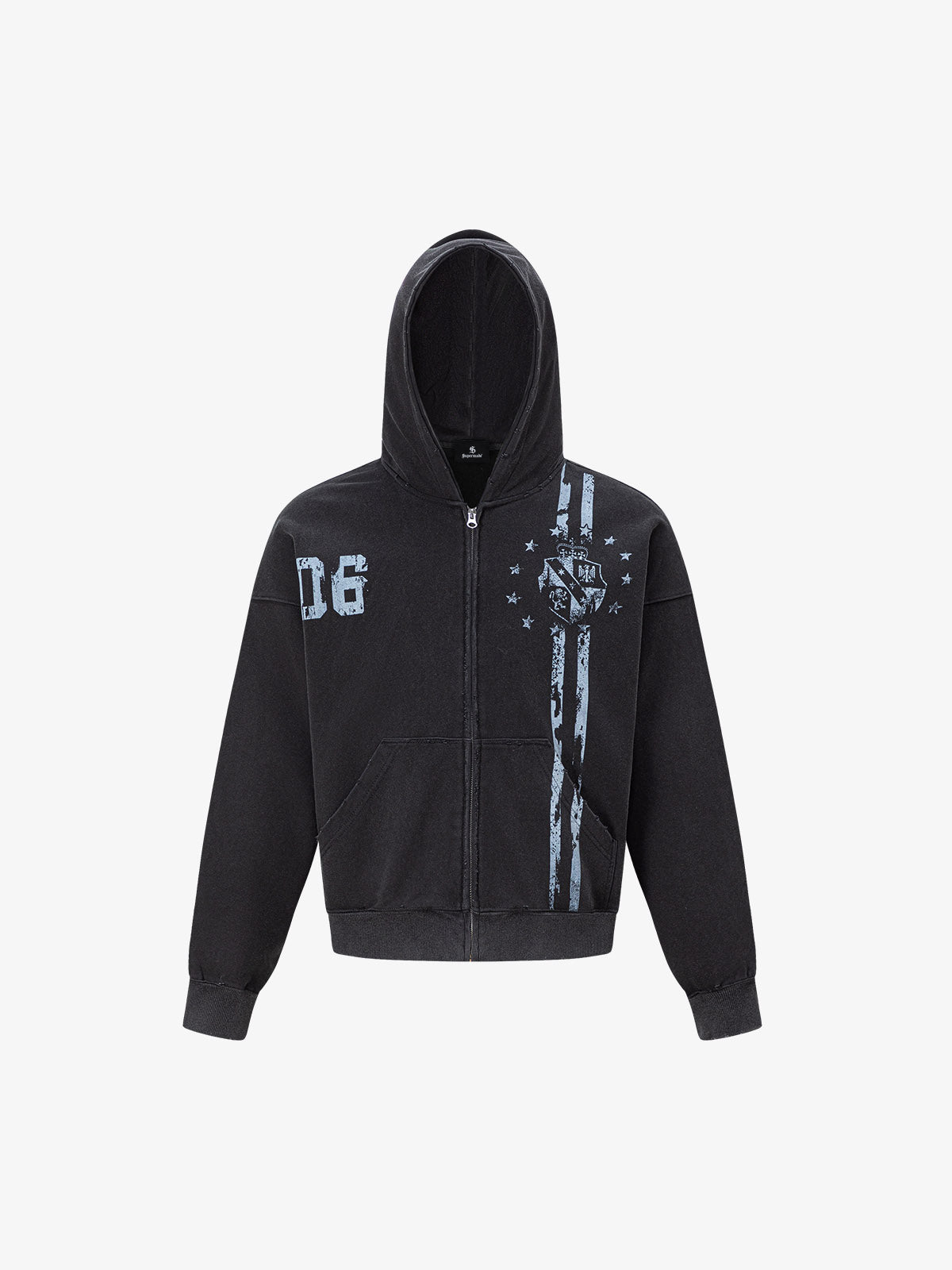 Distressed Badge Graphic Zip-Up Hoodie