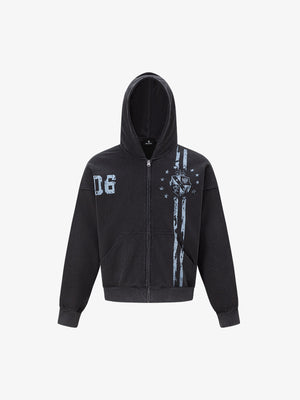 Distressed Badge Graphic Zip-Up Hoodie