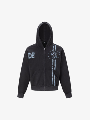 Distressed Badge Graphic Zip-Up Hoodie
