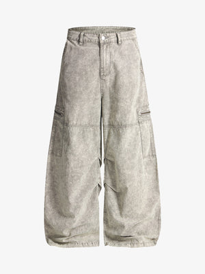 Vintage Acid-Washed Multi-Pocket Wide-Leg Cargo Barrel Jeans 
