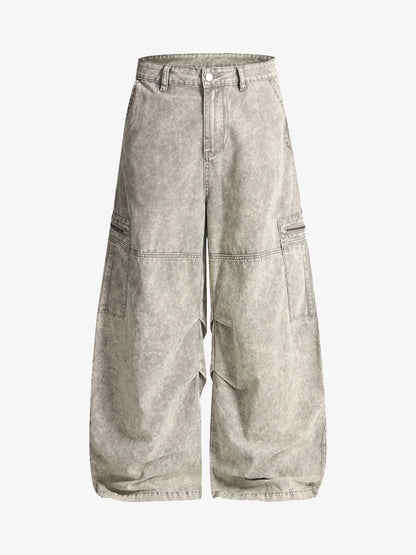 Vintage Acid-Washed Multi-Pocket Wide-Leg Cargo Barrel Jeans 