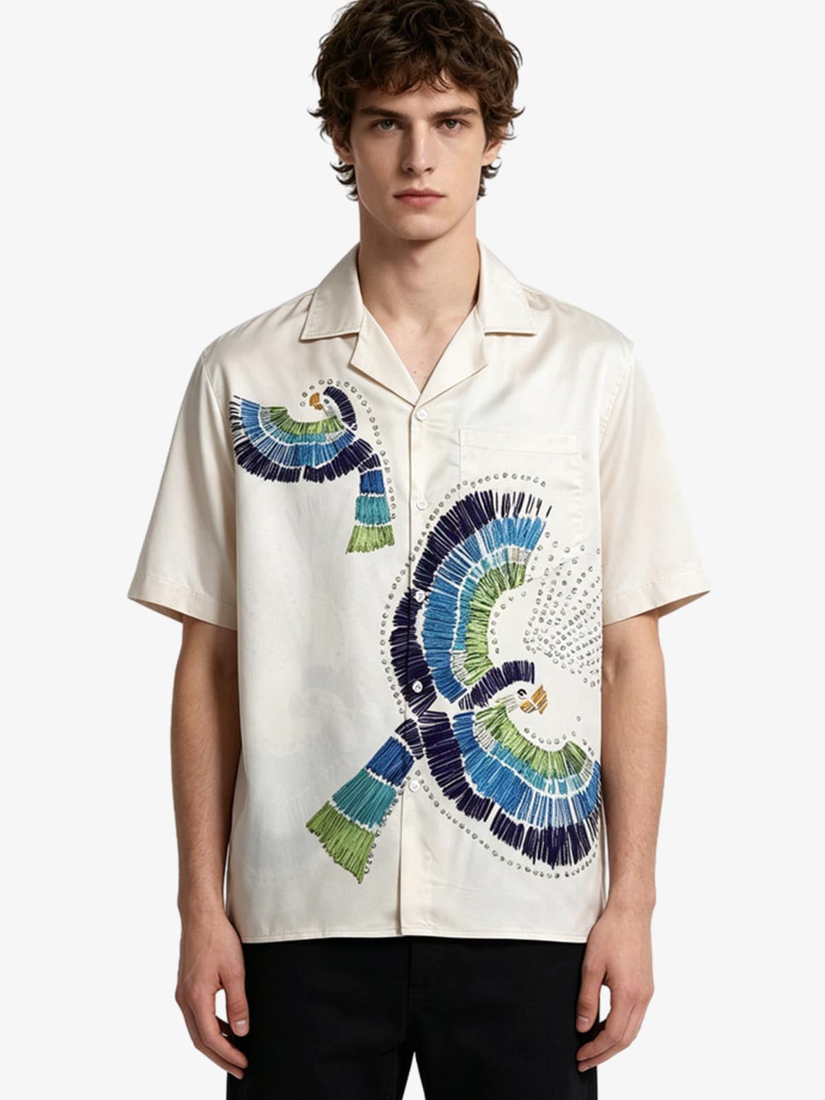 Bird Print Camp Collar Boxy Shirt 