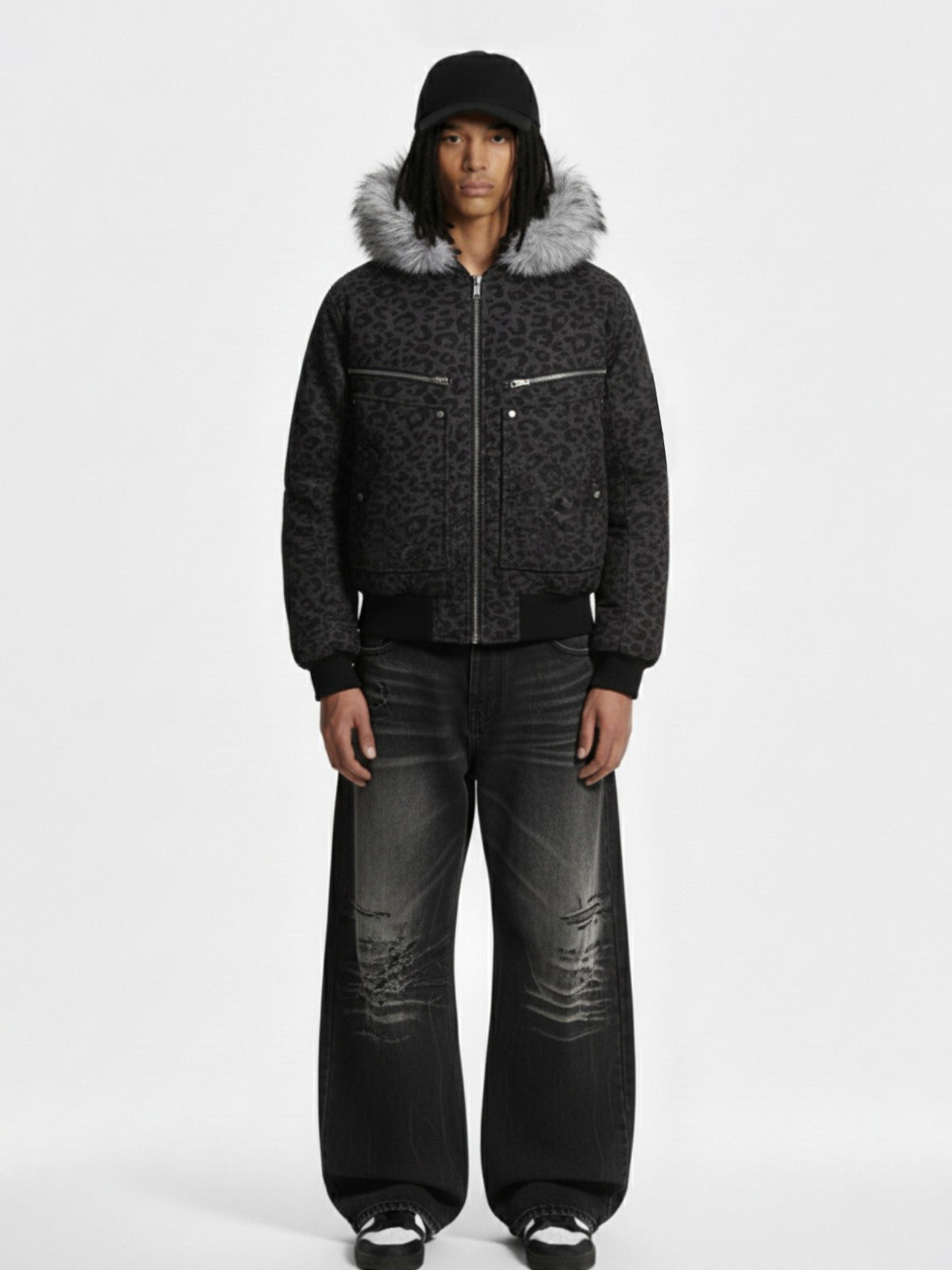 Retro Faux Fur Trimmed Hood Leopard Print Bomber Jacket 